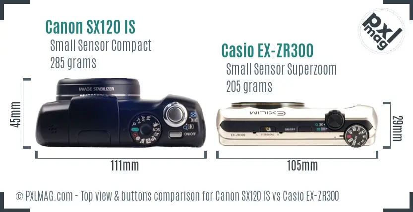 Canon SX120 IS vs Casio EX-ZR300 top view buttons comparison