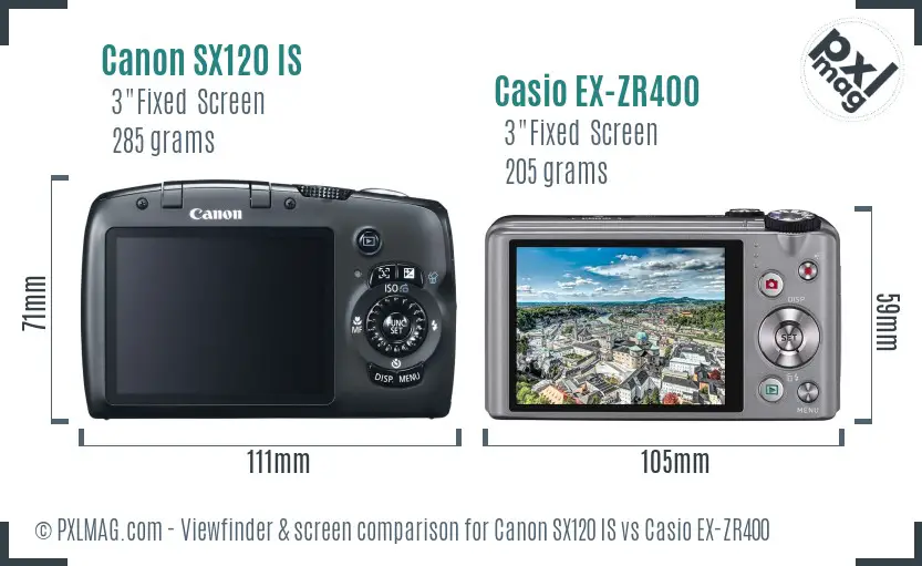 Canon SX120 IS vs Casio EX-ZR400 Screen and Viewfinder comparison