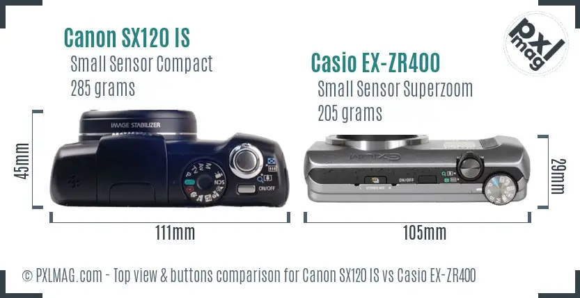 Canon SX120 IS vs Casio EX-ZR400 top view buttons comparison