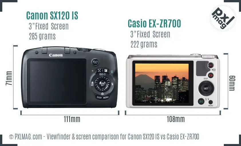 Canon SX120 IS vs Casio EX-ZR700 Screen and Viewfinder comparison