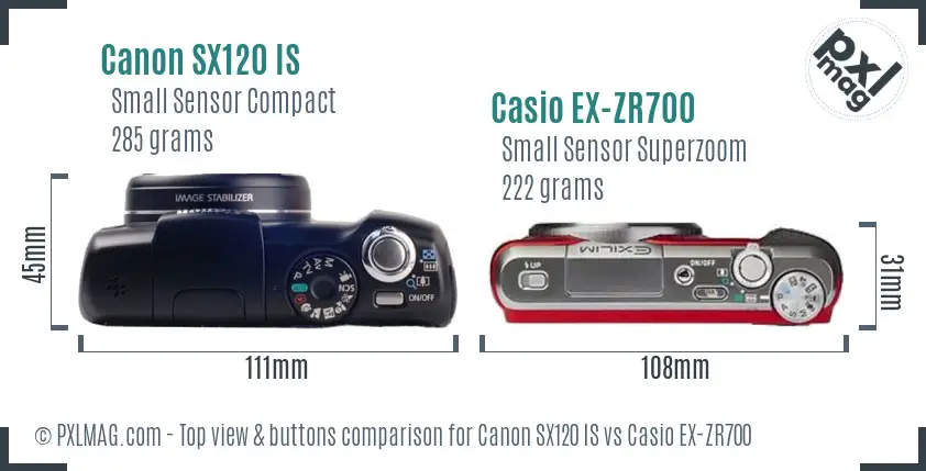 Canon SX120 IS vs Casio EX-ZR700 top view buttons comparison