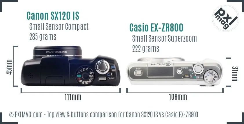 Canon SX120 IS vs Casio EX-ZR800 top view buttons comparison