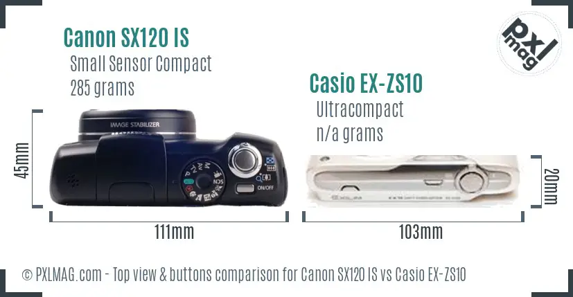 Canon SX120 IS vs Casio EX-ZS10 top view buttons comparison Canon SX120 IS vs Casio EX-ZS10 top view buttons comparison