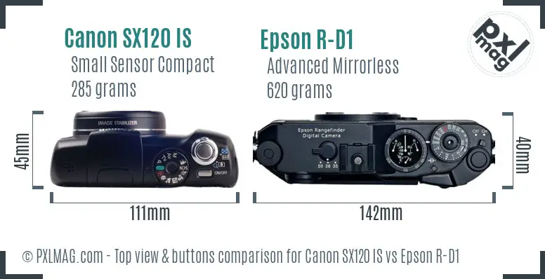 Canon SX120 IS vs Epson R-D1 top view buttons comparison