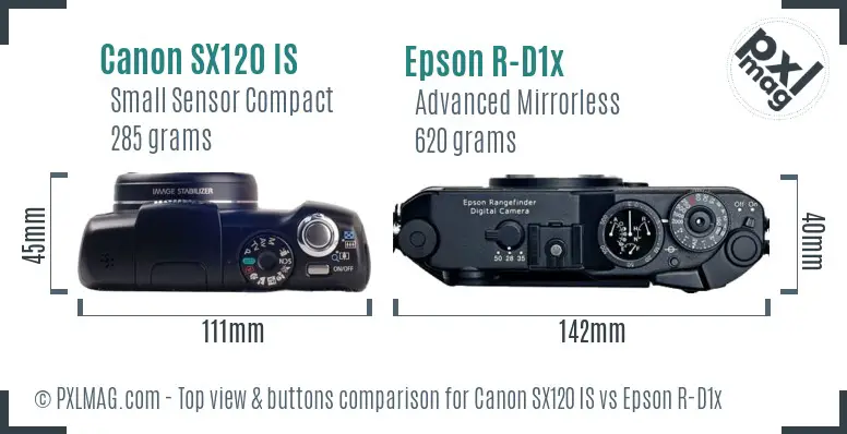 Canon SX120 IS vs Epson R-D1x top view buttons comparison Canon SX120 IS vs Epson R-D1x top view buttons comparison