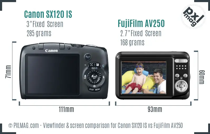 Canon SX120 IS vs FujiFilm AV250 Screen and Viewfinder comparison