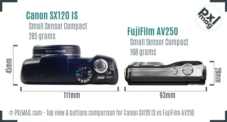 Canon SX120 IS vs FujiFilm AV250 top view buttons comparison