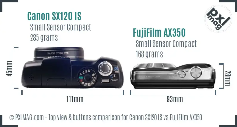 Canon SX120 IS vs FujiFilm AX350 top view buttons comparison