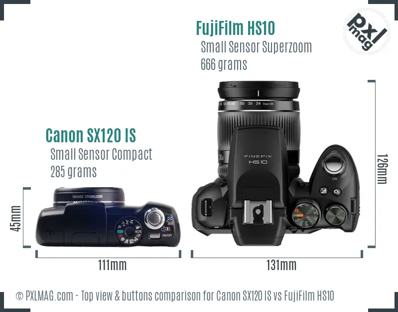 Canon SX120 IS vs FujiFilm HS10 top view buttons comparison
