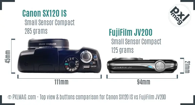 Canon SX120 IS vs FujiFilm JV200 top view buttons comparison