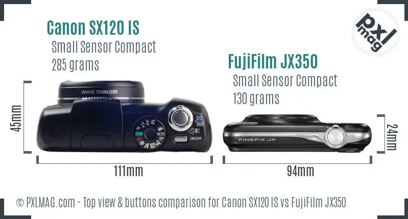 Canon SX120 IS vs FujiFilm JX350 top view buttons comparison