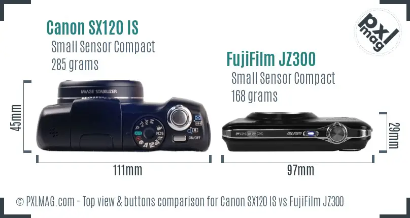 Canon SX120 IS vs FujiFilm JZ300 top view buttons comparison