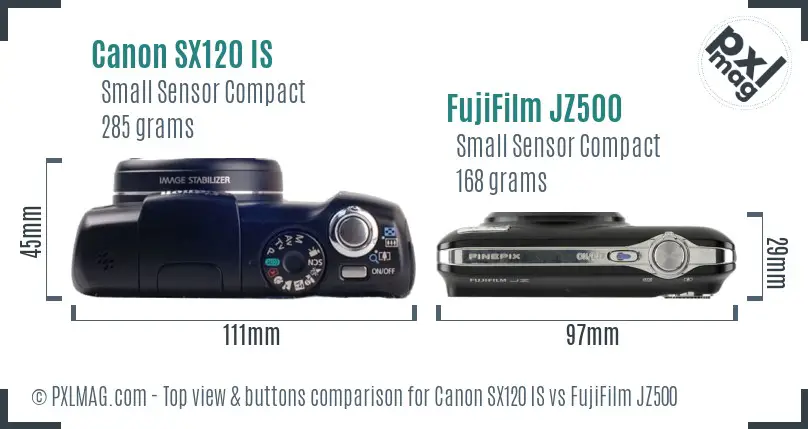 Canon SX120 IS vs FujiFilm JZ500 top view buttons comparison Canon SX120 IS vs FujiFilm JZ500 top view buttons comparison