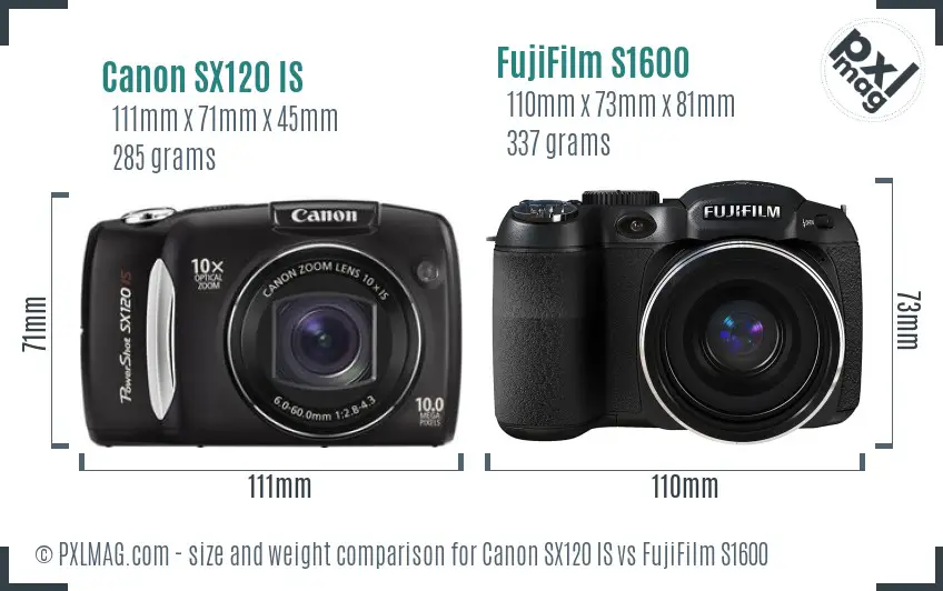 Canon SX120 IS vs FujiFilm S1600 size comparison Canon SX120 IS vs FujiFilm S1600 size comparison