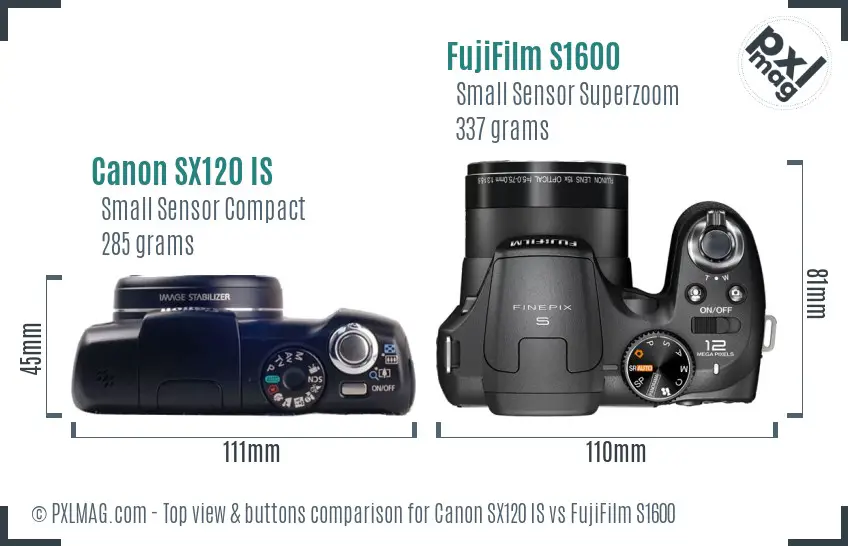 Canon SX120 IS vs FujiFilm S1600 top view buttons comparison Canon SX120 IS vs FujiFilm S1600 top view buttons comparison