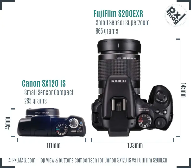 Canon SX120 IS vs FujiFilm S200EXR top view buttons comparison