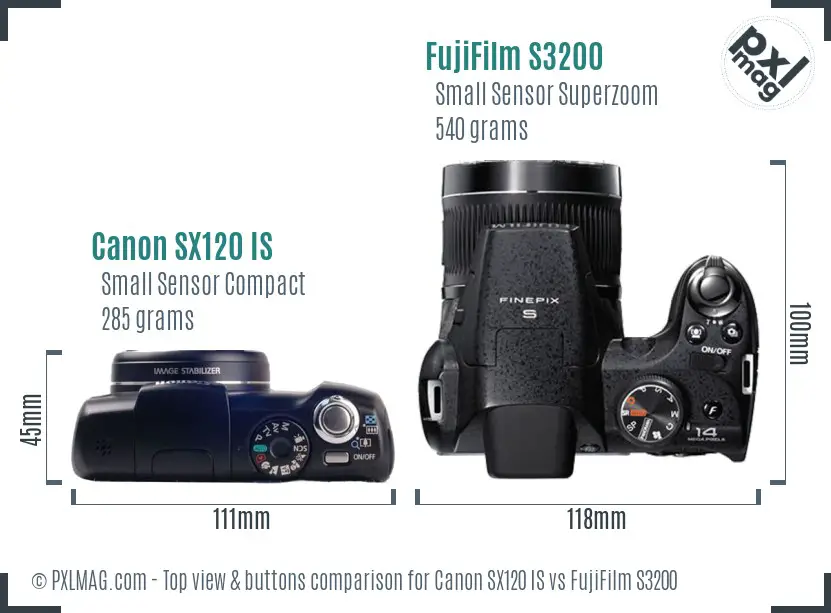 Canon SX120 IS vs FujiFilm S3200 top view buttons comparison