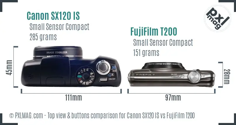 Canon SX120 IS vs FujiFilm T200 top view buttons comparison