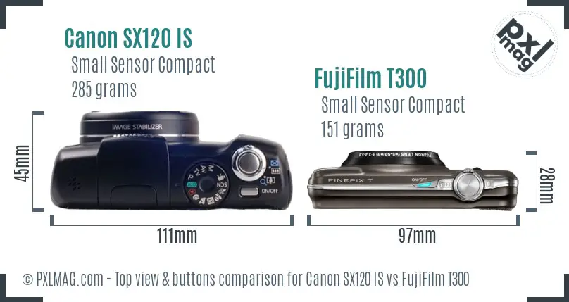 Canon SX120 IS vs FujiFilm T300 top view buttons comparison