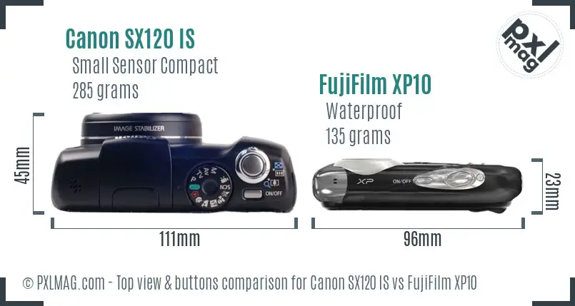 Canon SX120 IS vs FujiFilm XP10 top view buttons comparison