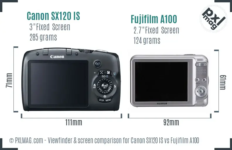Canon SX120 IS vs Fujifilm A100 Screen and Viewfinder comparison