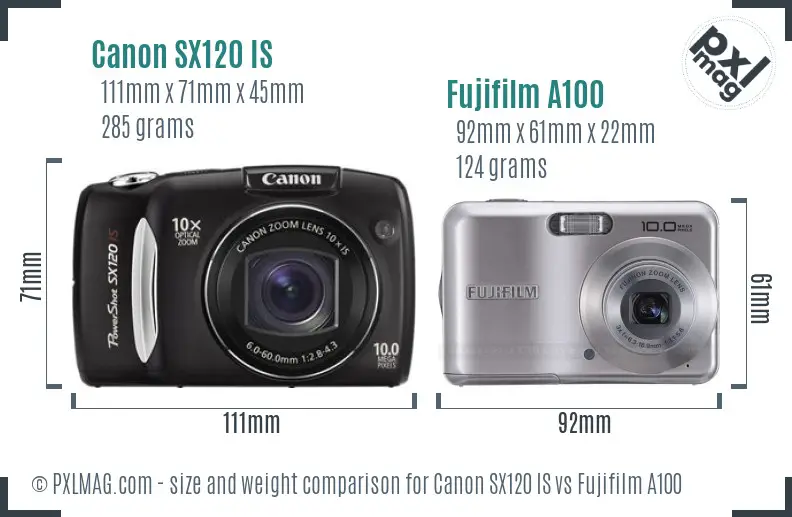 Canon SX120 IS vs Fujifilm A100 size comparison