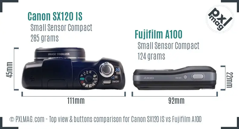 Canon SX120 IS vs Fujifilm A100 top view buttons comparison