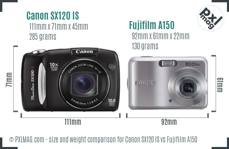 Canon SX120 IS vs Fujifilm A150 size comparison