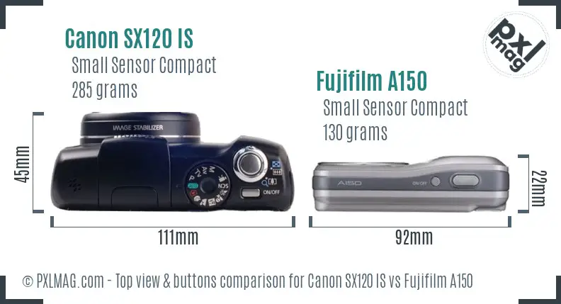 Canon SX120 IS vs Fujifilm A150 top view buttons comparison