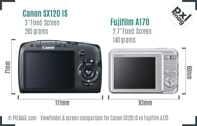 Canon SX120 IS vs Fujifilm A170 Screen and Viewfinder comparison