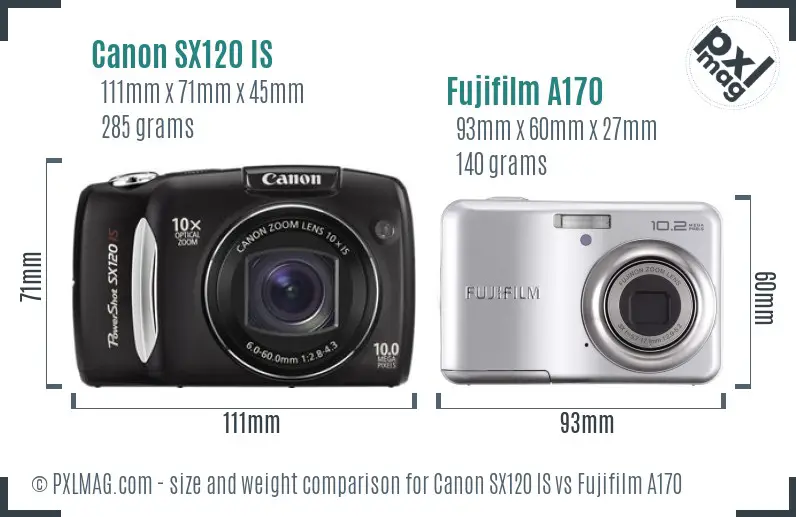 Canon SX120 IS vs Fujifilm A170 size comparison