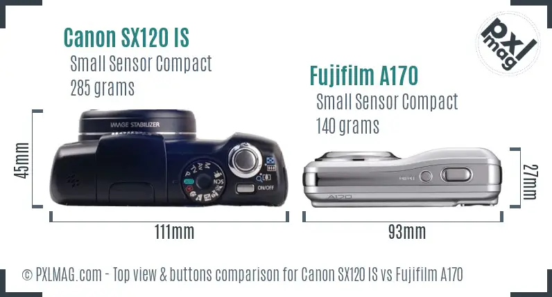Canon SX120 IS vs Fujifilm A170 top view buttons comparison