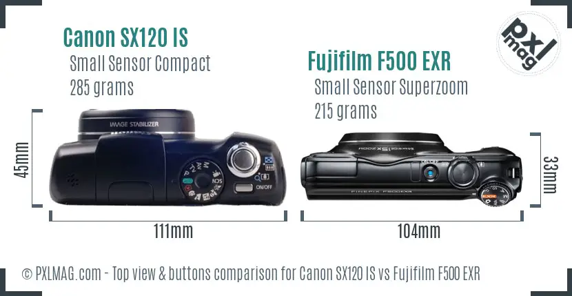 Canon SX120 IS vs Fujifilm F500 EXR top view buttons comparison