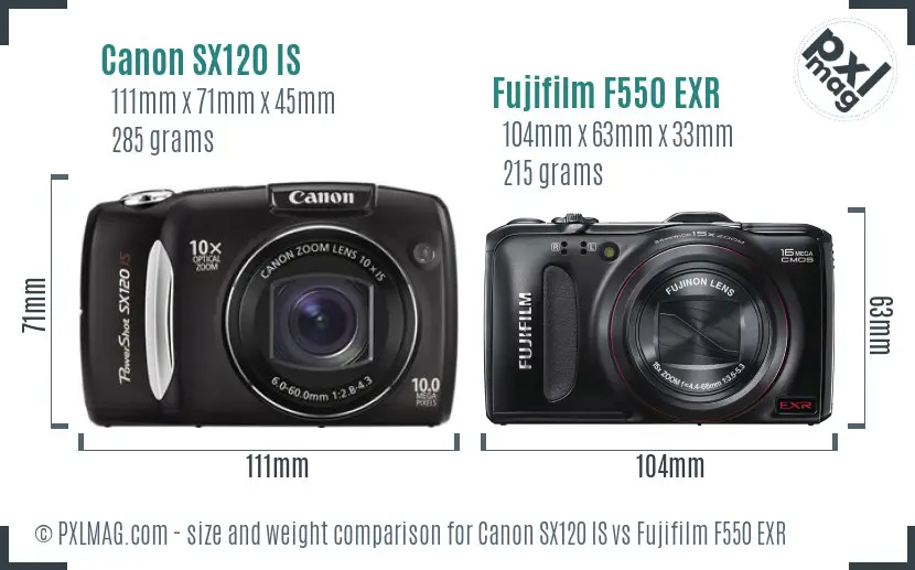 Canon SX120 IS vs Fujifilm F550 EXR size comparison