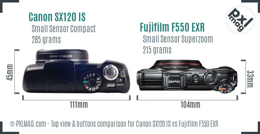 Canon SX120 IS vs Fujifilm F550 EXR top view buttons comparison