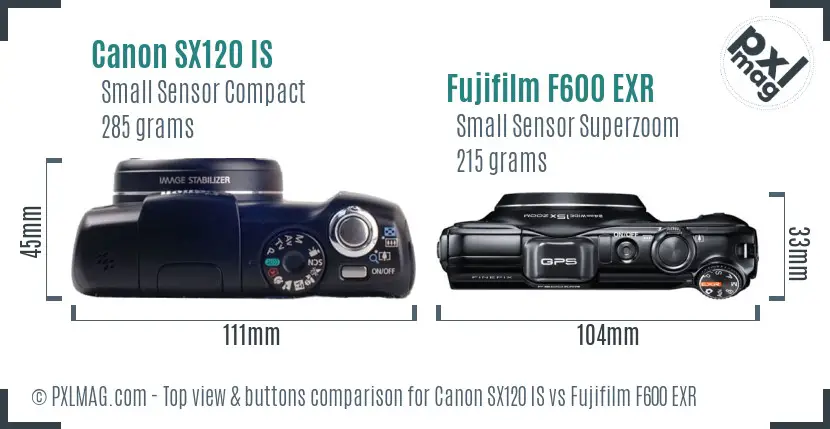 Canon SX120 IS vs Fujifilm F600 EXR top view buttons comparison Canon SX120 IS vs Fujifilm F600 EXR top view buttons comparison