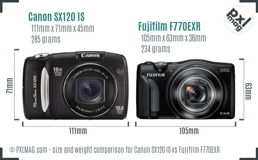 Canon SX120 IS vs Fujifilm F770EXR size comparison