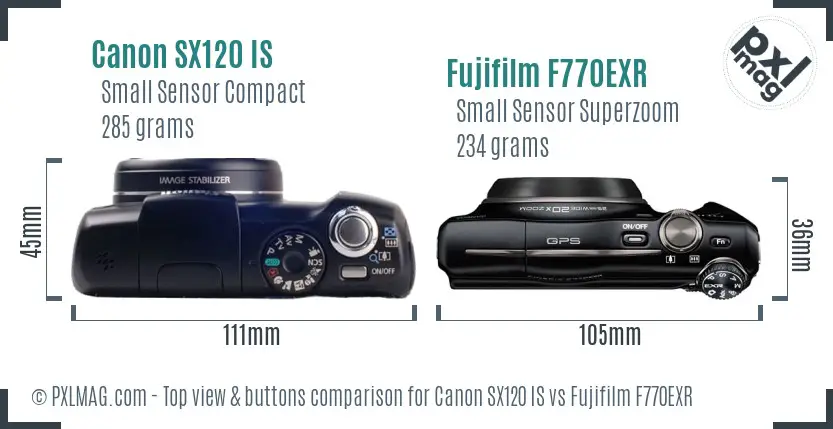 Canon SX120 IS vs Fujifilm F770EXR top view buttons comparison