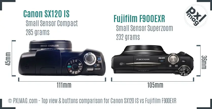 Canon SX120 IS vs Fujifilm F900EXR top view buttons comparison