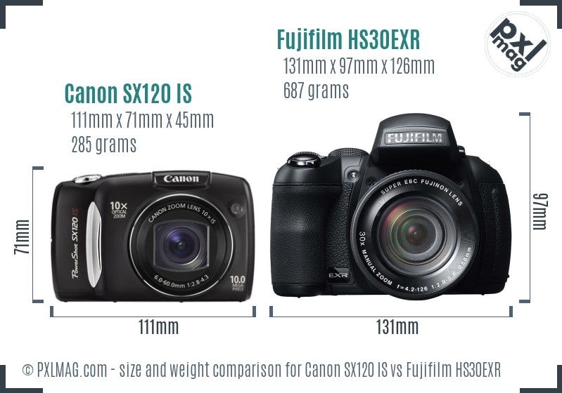 Canon SX120 IS vs Fujifilm HS30EXR size comparison