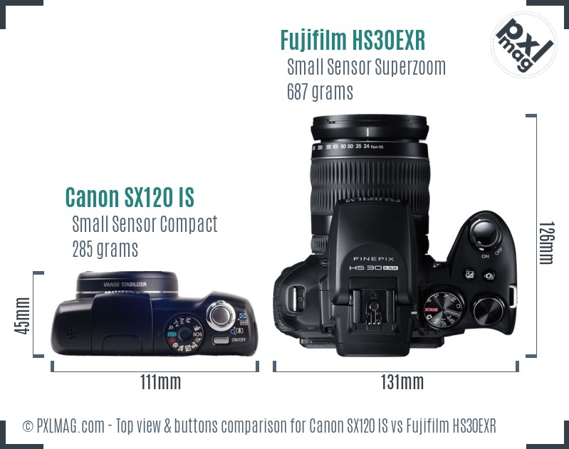 Canon SX120 IS vs Fujifilm HS30EXR top view buttons comparison