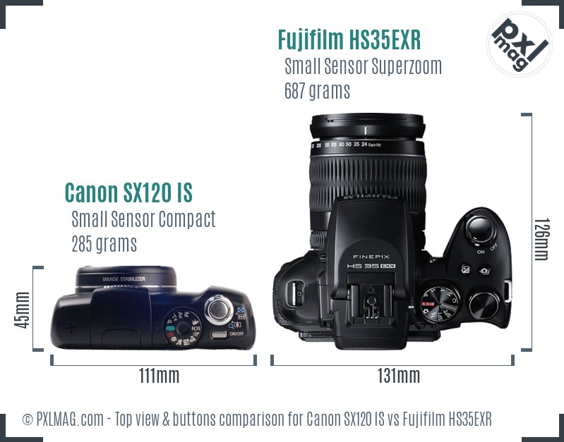 Canon SX120 IS vs Fujifilm HS35EXR top view buttons comparison
