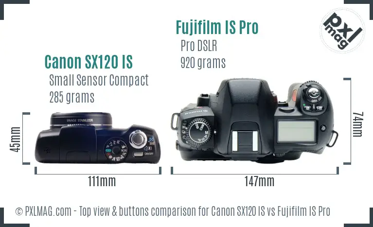 Canon SX120 IS vs Fujifilm IS Pro top view buttons comparison Canon SX120 IS vs Fujifilm IS Pro top view buttons comparison