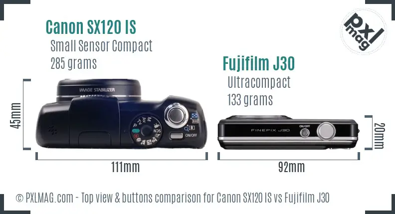 Canon SX120 IS vs Fujifilm J30 top view buttons comparison Canon SX120 IS vs Fujifilm J30 top view buttons comparison