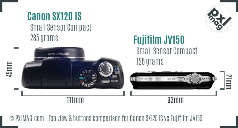 Canon SX120 IS vs Fujifilm JV150 top view buttons comparison Canon SX120 IS vs Fujifilm JV150 top view buttons comparison