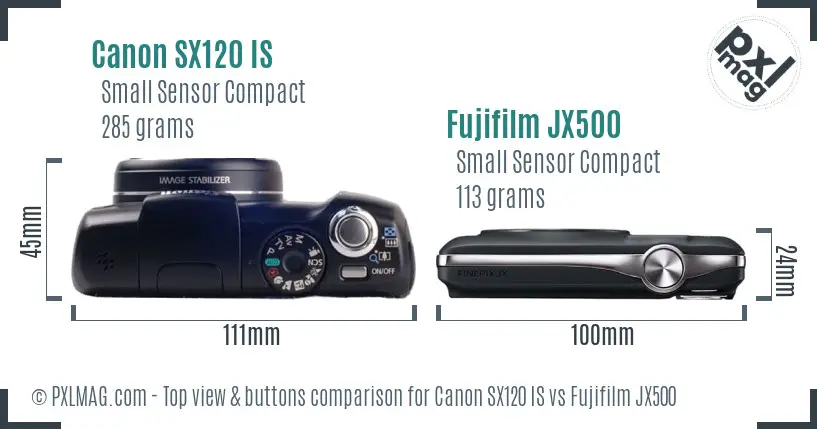 Canon SX120 IS vs Fujifilm JX500 top view buttons comparison