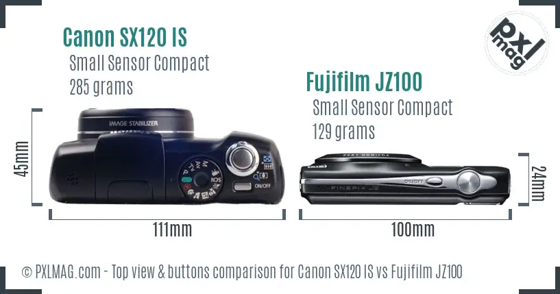 Canon SX120 IS vs Fujifilm JZ100 top view buttons comparison