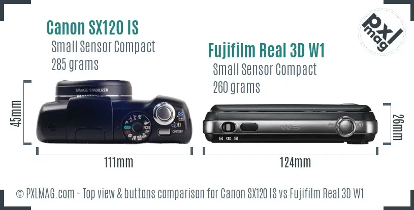 Canon SX120 IS vs Fujifilm Real 3D W1 top view buttons comparison