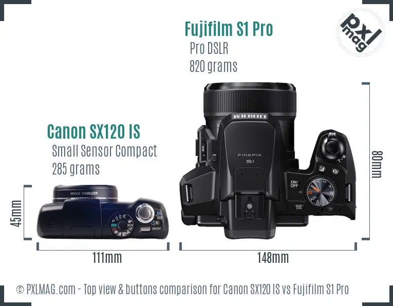 Canon SX120 IS vs Fujifilm S1 Pro top view buttons comparison