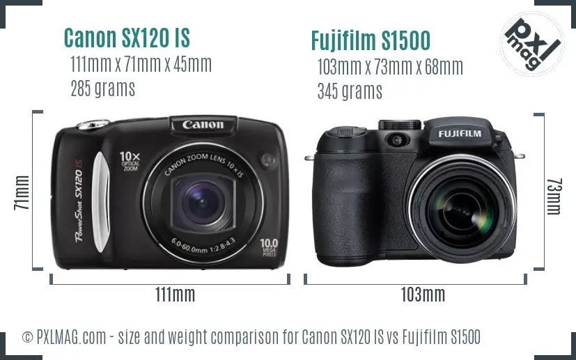 Canon SX120 IS vs Fujifilm S1500 size comparison